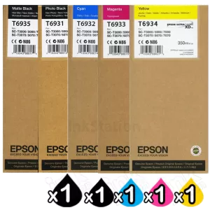 5 Pack Genuine Epson T6931 - T6935 UltraChrome XD 350ml Ink Cartridges Combo [1MBK, 1PBK,1C,1M,1Y]