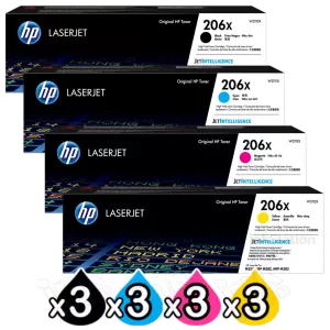 3 Sets of 4 Pack HP 206X W2110X-W2113X Genuine High Yield Toner Cartridges [3BK,3C,3M,3Y]