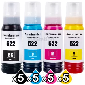 20-Pack Compatible for Epson T522 EcoTank Ink Bottle [5BK+5C+5M+5Y]