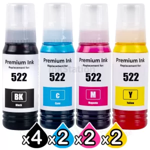 10-Pack Compatible for Epson T522 EcoTank Ink Bottle [4BK+2C+2M+2Y]