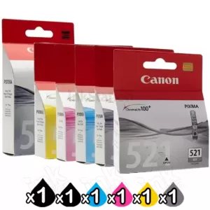 6-Pack Genuine Canon PGI-520 & CLI-521 Inkjet [1BK,1PBK,1C,1M,1Y,1GY]