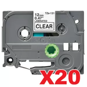 20 x Compatible Brother TZe-131 12mm Black Text on Clear Laminated Tape - 8 meters