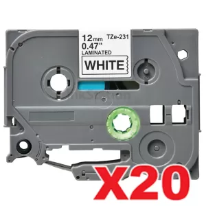 20 x Compatible Brother TZe-231 12mm Black Text on White Laminated Tape - 8 meters