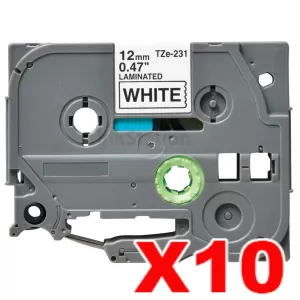 10 x Compatible Brother TZe-231 12mm Black Text on White Laminated Tape - 8 meters