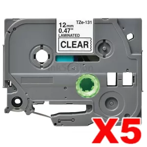 5 x Compatible Brother TZe-131 12mm Black Text on Clear Laminated Tape - 8 meters