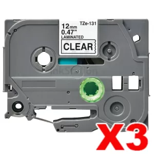 3 x Compatible Brother TZe-131 12mm Black Text on Clear Laminated Tape - 8 meters