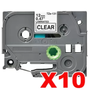 10 x Compatible Brother TZe-131 12mm Black Text on Clear Laminated Tape - 8 meters