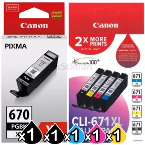 Genuine Canon PGI-670XLBK + CLI-671XLVP Value Pack High Yield Inkjet Cartridges Combo [1BK,1PBK,1C,1M,1Y]