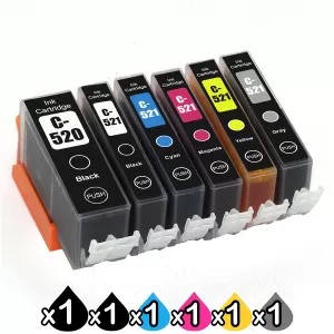 6-Pack Canon PGI-520, CLI-521 Compatible Inkjet (with Chip) [1BK,1PBK,1C,1M,1Y,1GY]