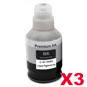 3 x Compatible Canon GI60PGBK Black Ink Bottle 170ML
