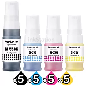 20-Pack Compatible Canon GI-55 Ink Bottle Combo [5BK,5C,5M,5Y]