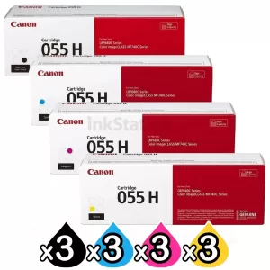 3 Sets of 4 Pack Canon CART-055H High Yield Genuine Toner Cartridge Combo [3BK, 3C, 3M, 3Y]