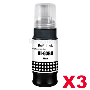 3 x Compatible Canon GI63BK Black Ink Bottle - 70ML