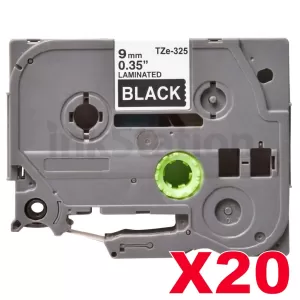 20 x Compatible Brother TZe-325 9mm White Text on Black Laminated Tape - 8 meters