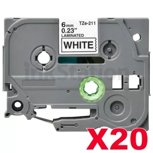20 x Compatible Brother TZe-211 6mm Black Text on White Laminated Tape - 8 meters
