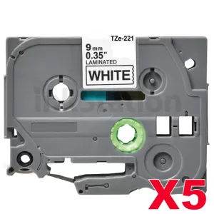 5 x Compatible Brother TZe-221 9mm Black Text on White Laminated Tape - 8 meters