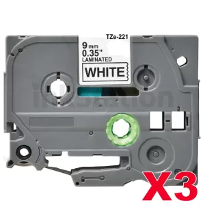 3 x Compatible Brother TZe-221 9mm Black Text on White Laminated Tape - 8 meters