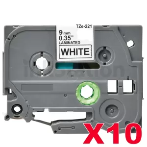 10 x Compatible Brother TZe-221 9mm Black Text on White Laminated Tape - 8 meters