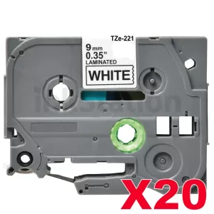 20 x Compatible Brother TZe-221 9mm Black Text on White Laminated Tape - 8 meters