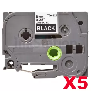 5 x Compatible Brother TZe-325 9mm White Text on Black Laminated Tape - 8 meters