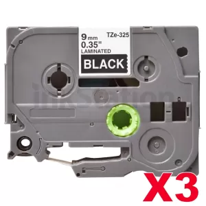 3 x Compatible Brother TZe-325 9mm White Text on Black Laminated Tape - 8 meters