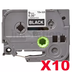 10 x Compatible Brother TZe-325 9mm White Text on Black Laminated Tape - 8 meters