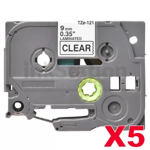 5 x Compatible Brother TZe-121 9mm Black Text on Clear Laminated Tape - 8 meters