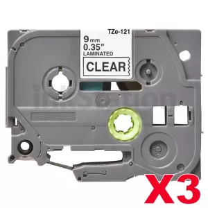 3 x Compatible Brother TZe-121 9mm Black Text on Clear Laminated Tape - 8 meters