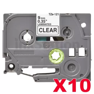 10 x Compatible Brother TZe-121 9mm Black Text on Clear Laminated Tape - 8 meters