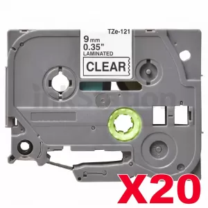 20 x Compatible Brother TZe-121 9mm Black Text on Clear Laminated Tape - 8 meters