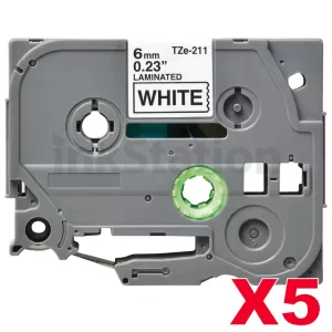 5 x Compatible Brother TZe-211 6mm Black Text on White Laminated Tape - 8 meters