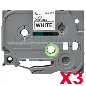 3 x Compatible Brother TZe-211 6mm Black Text on White Laminated Tape - 8 meters