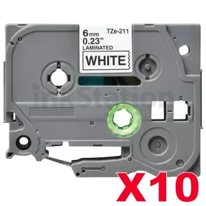 10 x Compatible Brother TZe-211 6mm Black Text on White Laminated Tape - 8 meters