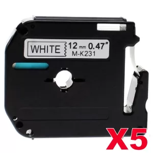 5 x Compatible Brother M-K231 12mm Black Text on White Tape - 8 meters