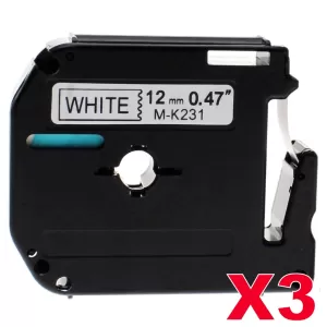 3 x Compatible Brother M-K231 12mm Black Text on White Tape - 8 meters