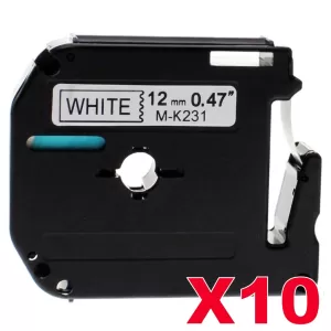 10 x Compatible Brother M-K231 12mm Black Text on White Tape - 8 meters