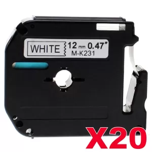 20 x Compatible Brother M-K231 12mm Black Text on White Tape - 8 meters