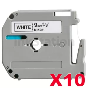 10 x Compatible Brother M-K221 9mm Black Text on White Tape - 8 meters