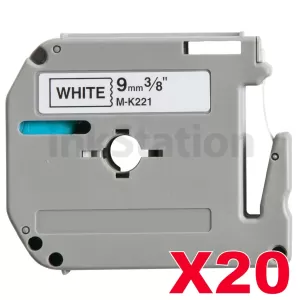 20 x Compatible Brother M-K221 9mm Black Text on White Tape - 8 meters