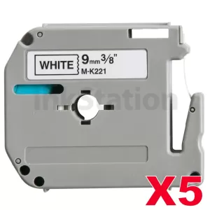 5 x Compatible Brother M-K221 9mm Black Text on White Tape - 8 meters