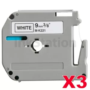 3 x Compatible Brother M-K221 9mm Black Text on White Tape - 8 meters