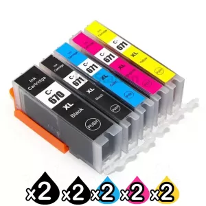 10 Pack Compatible Canon PGI-670XL, CLI-671XL High Yield Inkjet Combo [2BK,2PBK,2C,2M,2Y]