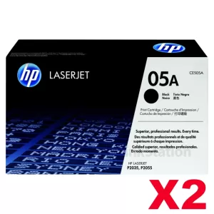 2 x HP CE505A (05A) Genuine Black Toner Cartridge - 2,300 Pages