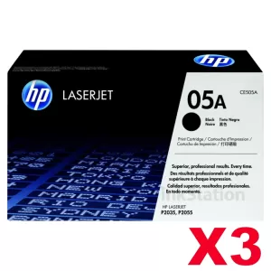 3 x HP CE505A (05A) Genuine Black Toner Cartridge - 2,300 Pages