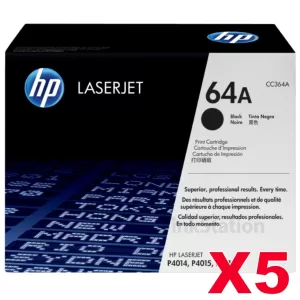 5 x HP CC364A (64A) Genuine Black Toner Cartridge - 10,000 Pages