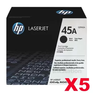 5 x HP Q5945A (45A) Genuine Black Toner Cartridge - 18,000 Pages