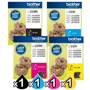 4 Pack Genuine Brother LC-233 Ink Combo [BK+C+M+Y]