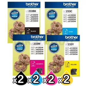 8 Pack Genuine Brother LC-233 Ink Combo [2BK+2C+2M+2Y]