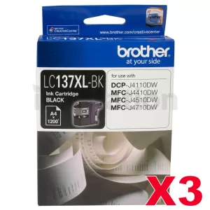 3 x Genuine Brother LC-137XLBK High Yield Black Ink Cartridge - 1,200 Pages