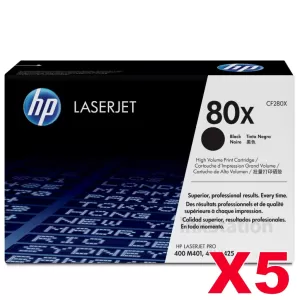 5 x HP CF280X (80X) Genuine Black Toner Cartridge - 6,900 Pages